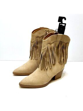 Time and Tru Western Boots Cowgirl US 7 Fringe Faux Suede Stack Heel Side Zipper